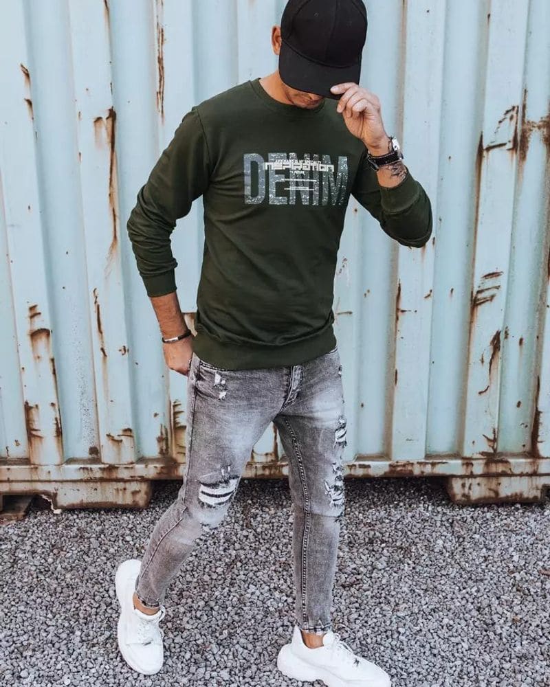 Khaki mikina bez kapucne s potlačou Denim – fotka 2