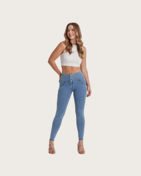 Dámske jeggings nohavice FREDDY WR.UP® push up superskinny jeggings with high waist and buttons-Blue