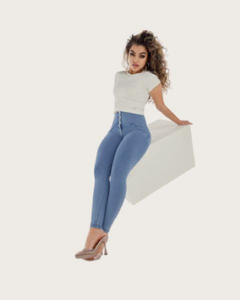 Dámske jeggings nohavice FREDDY WR.UP® superskinny push up 7 8 jeggings with high waist and buttons-Blue