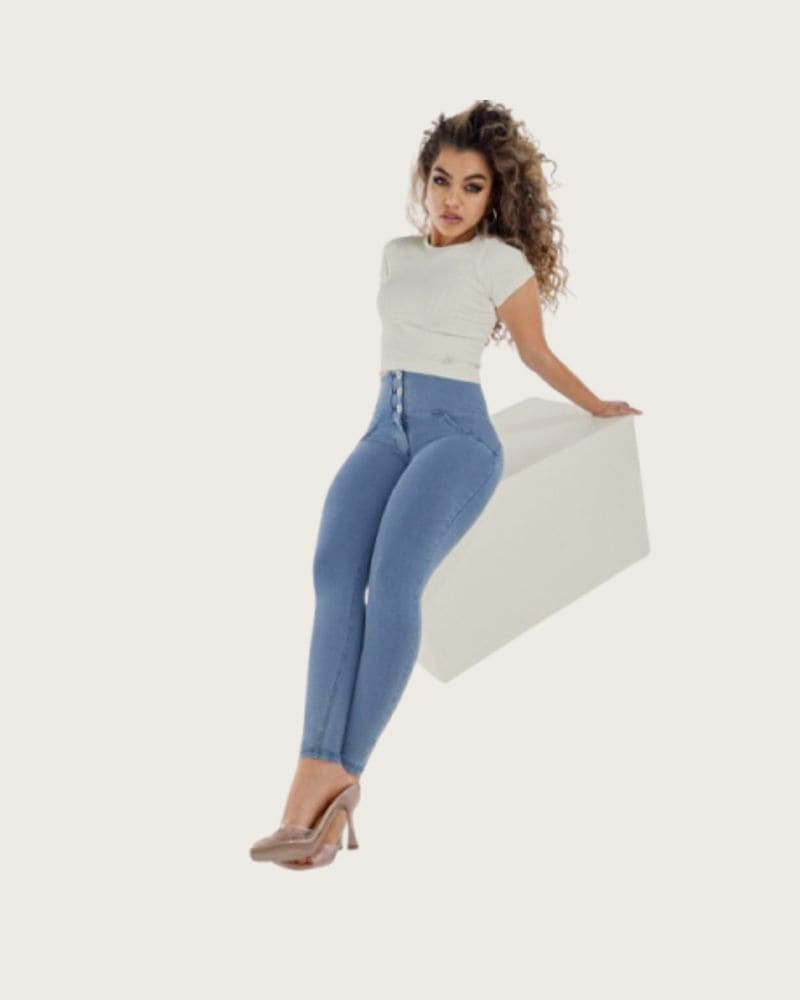 Dámske jeggings nohavice FREDDY WR.UP® superskinny push up 7 8 jeggings with high waist and buttons-Blue