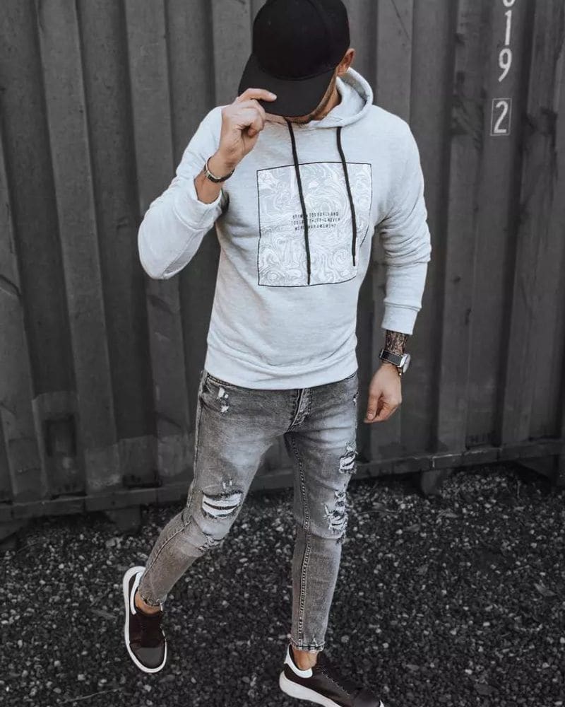 Šedá mikina s kapucňou a potlačou – fotka 2