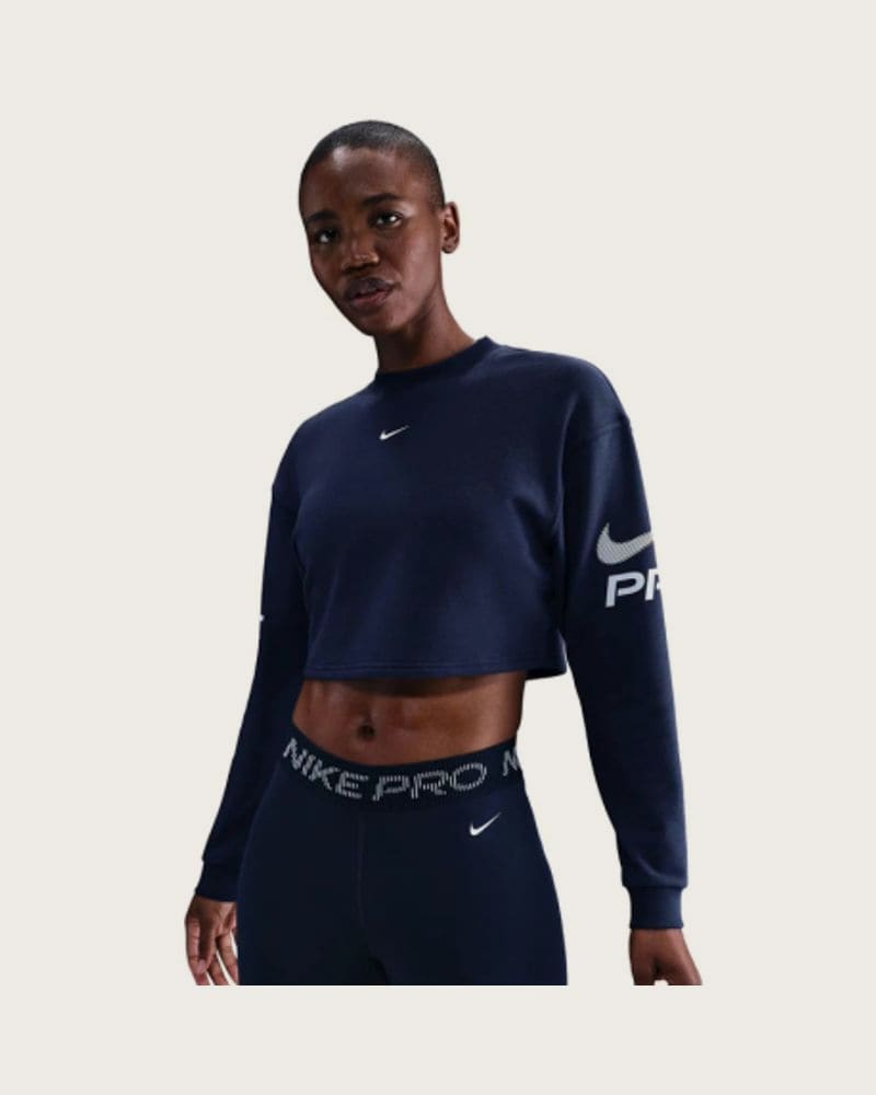 Dámska mikina NIKE PRO W NP DF FLC CREW TT GRX MIDNIGHT NAVY FOOTBALLGREY WHITE