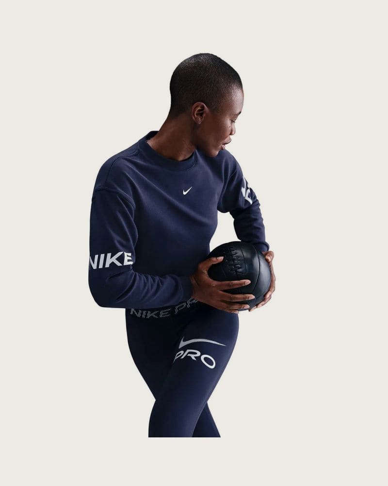 Dámska mikina NIKE PRO W NP DF FLC CREW TT GRX MIDNIGHT NAVY FOOTBALLGREY WHITE – fotka 2