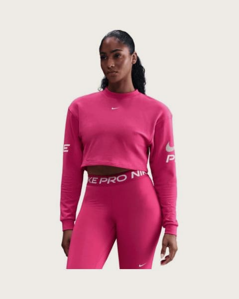 Dámska tréningová mikina NIKE W NP DF FLC CREW TT GRX RUSH PINK PINK FOAM WHITE