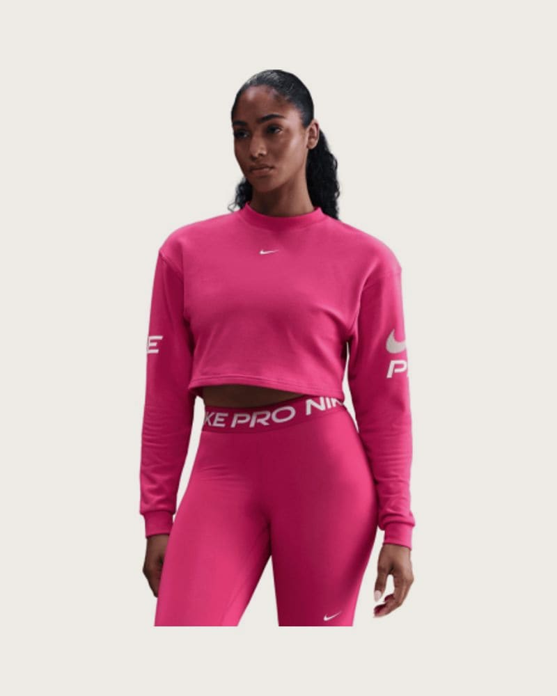Dámska tréningová mikina NIKE W NP DF FLC CREW TT GRX RUSH PINK PINK FOAM WHITE
