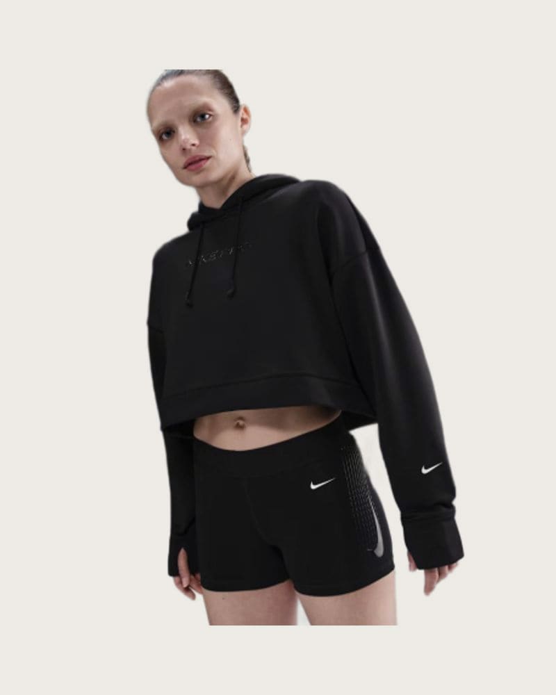Dámska tréningová mikina s kapucňou NIKE PRO W NP TF FLC HOODIE GG GRX BLACK WHITE