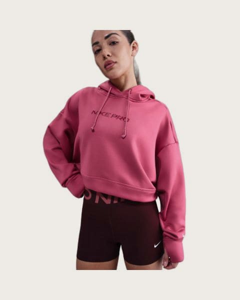 Dámska tréningová mikina s kapucňou NIKE PRO W NP TF FLC HOODIE GG GRX SWEET BEET WHITE