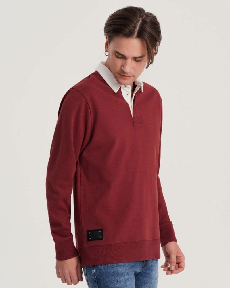 Elegantná bordová mikina s polo golierom – fotka 3
