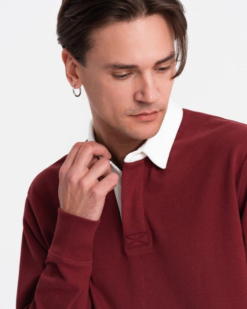Elegantná bordová mikina s polo golierom – fotka 5