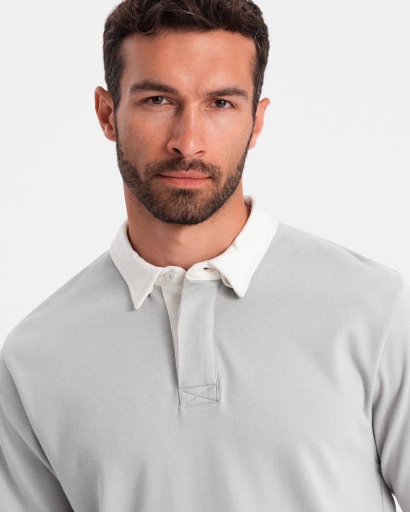 Elegantná popolavá mikina s polo golierom – fotka 3