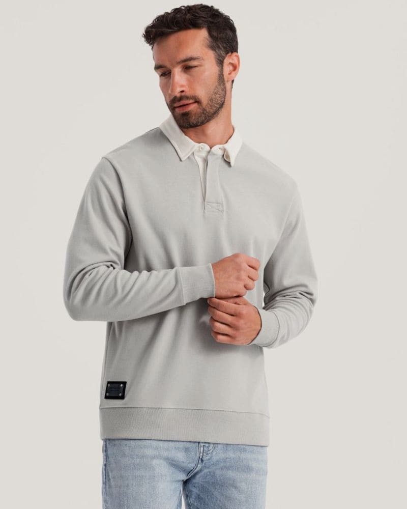 Elegantná popolavá mikina s polo golierom – fotka 4