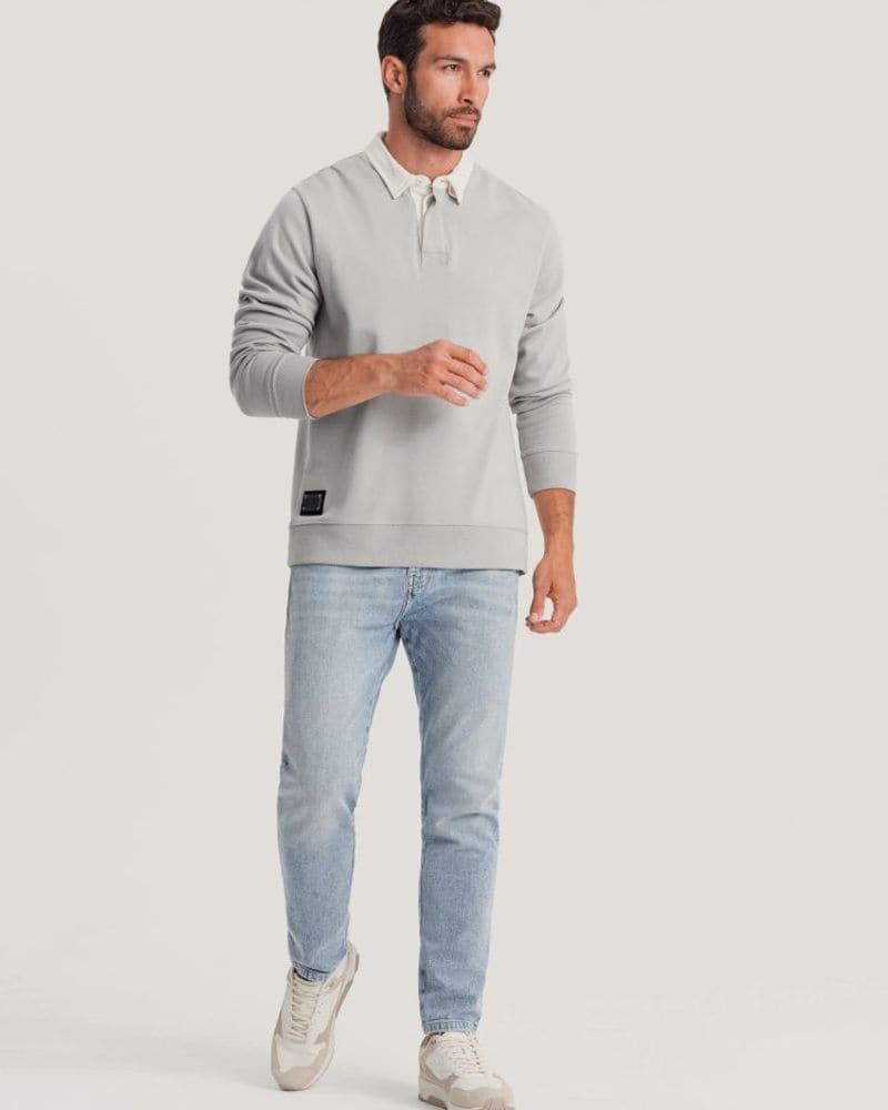 Elegantná popolavá mikina s polo golierom – fotka 5