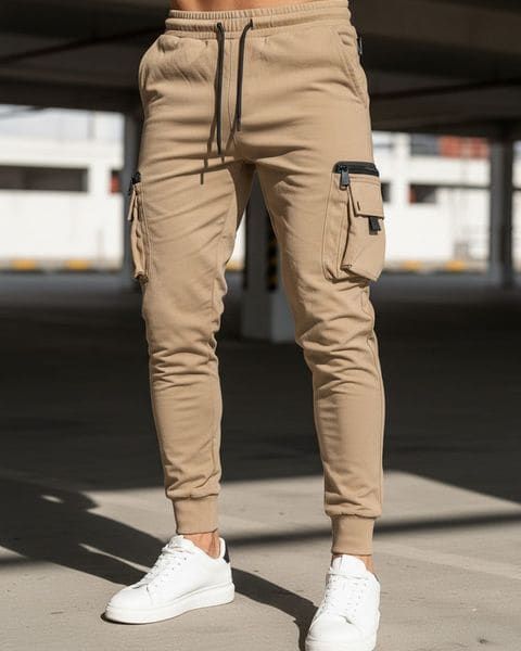 Trendy béžové pánske kapsáčové joggery UP