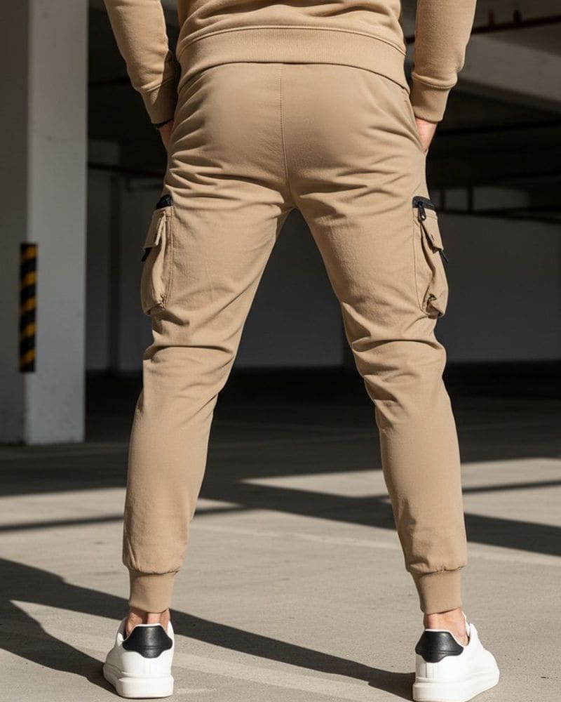 Trendy béžové pánske kapsáčové joggery UP – fotka 2