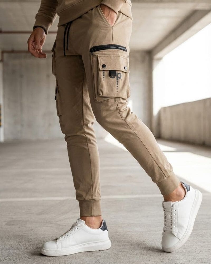 Trendy béžové pánske kapsáčové joggery UP – fotka 3
