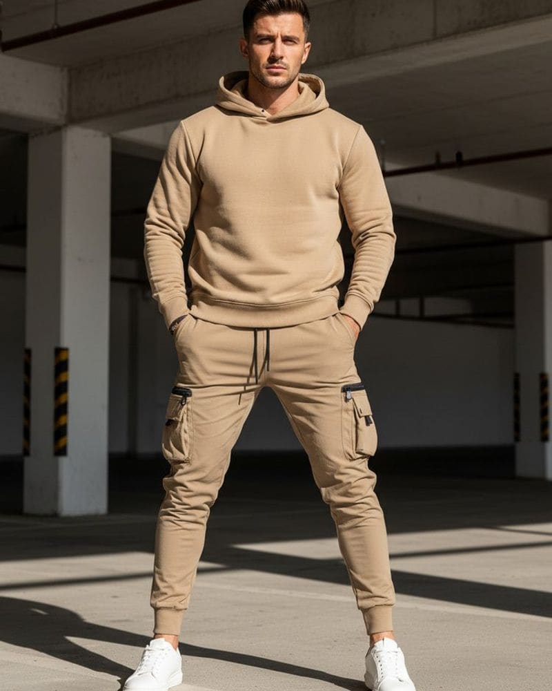 Trendy béžové pánske kapsáčové joggery UP – fotka 4