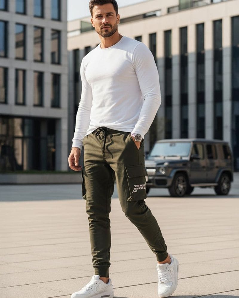 Originálne zelené pánske kapsáčové joggery – fotka 4