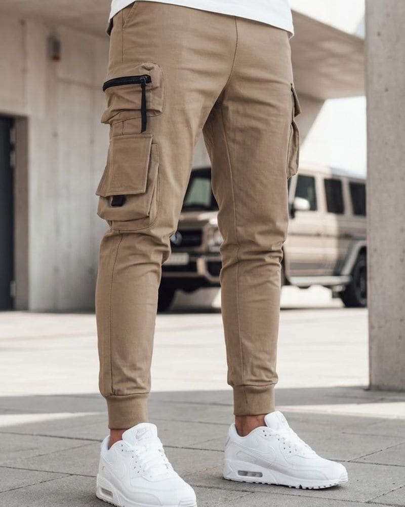 Originálne béžové pánske kapsáčové joggery – fotka 3