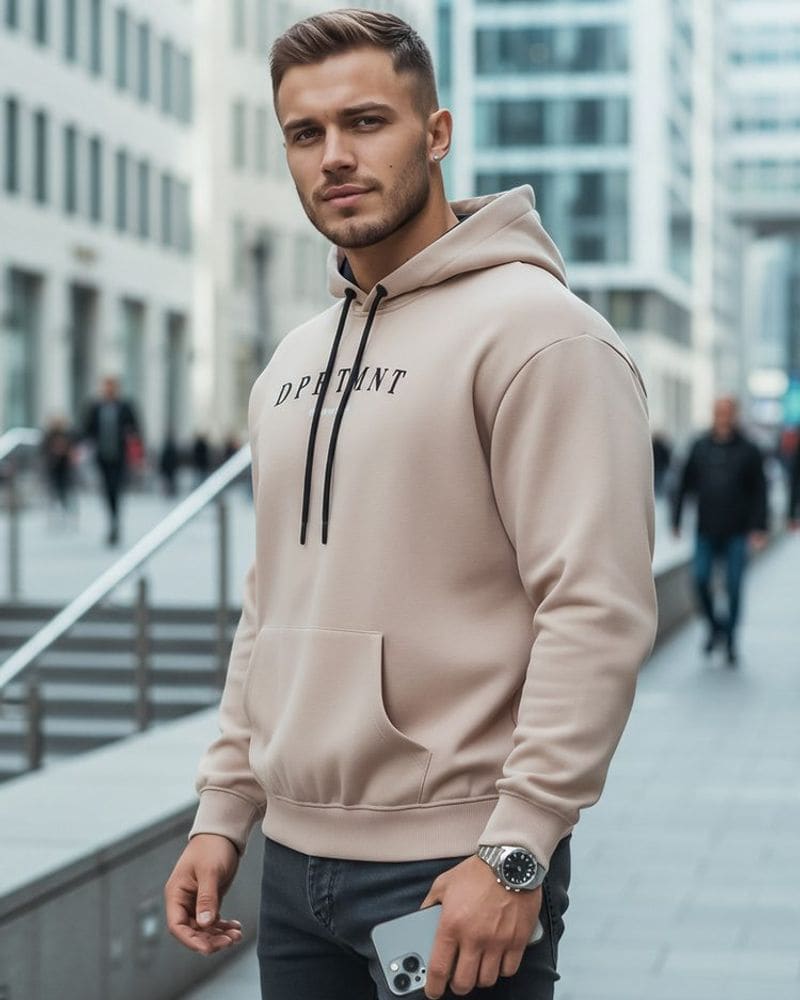 Béžová mikina s kapucňou a s nápisom – fotka 2