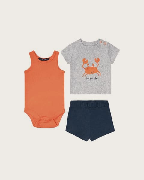 LUPILU® Detský set Sommerset, 3-dielny, z čistej biobavlny. (sivá/oranžová/navy modrá, 50/56)