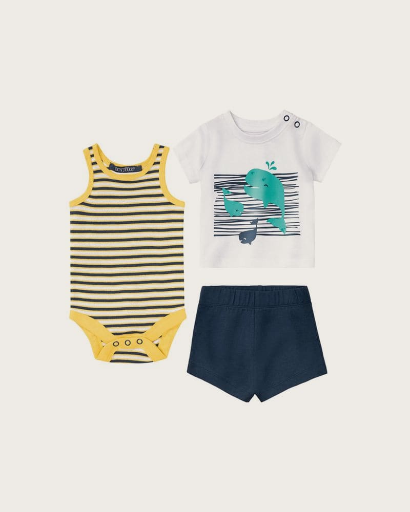 LUPILU® Detský set Sommerset, 3-dielny, z čistej biobavlny. (sivá/oranžová/navy modrá, 50/56)
