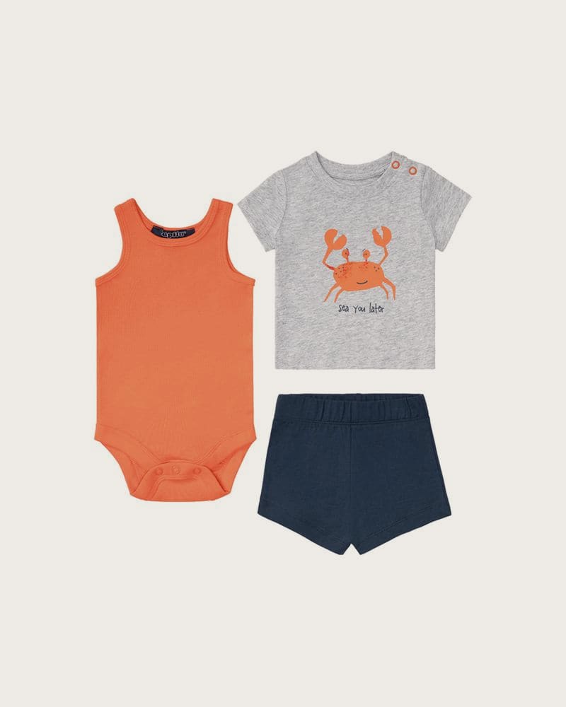 LUPILU® Detský set Sommerset, 3-dielny, z čistej biobavlny. (sivá/oranžová/navy modrá, 50/56) – fotka 2