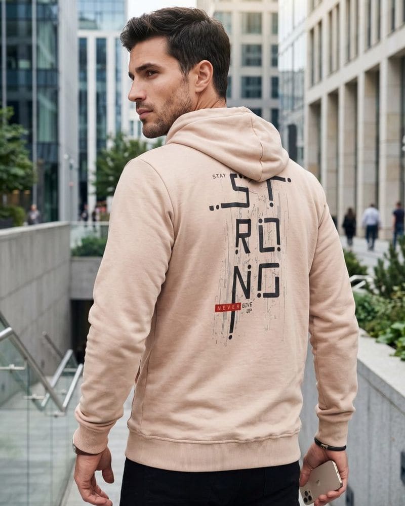 Trendy béžová mikina s kapucňou a s nápisom – fotka 2