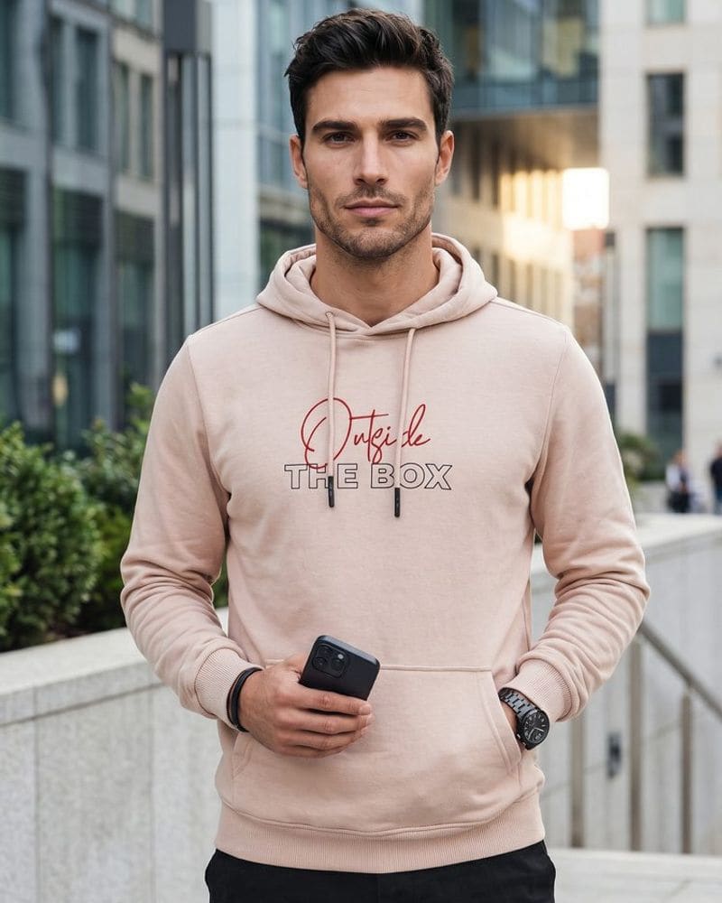Trendy béžová mikina s kapucňou a s nápisom – fotka 3