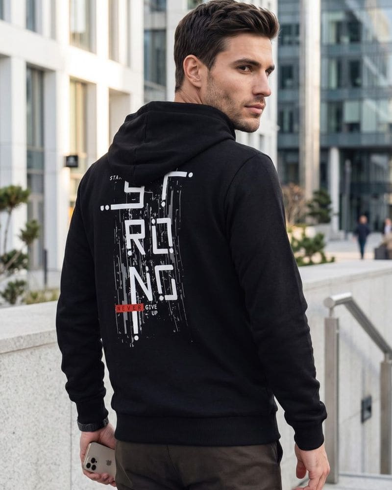 Trendy čierna mikina s kapucňou a s nápisom – fotka 2