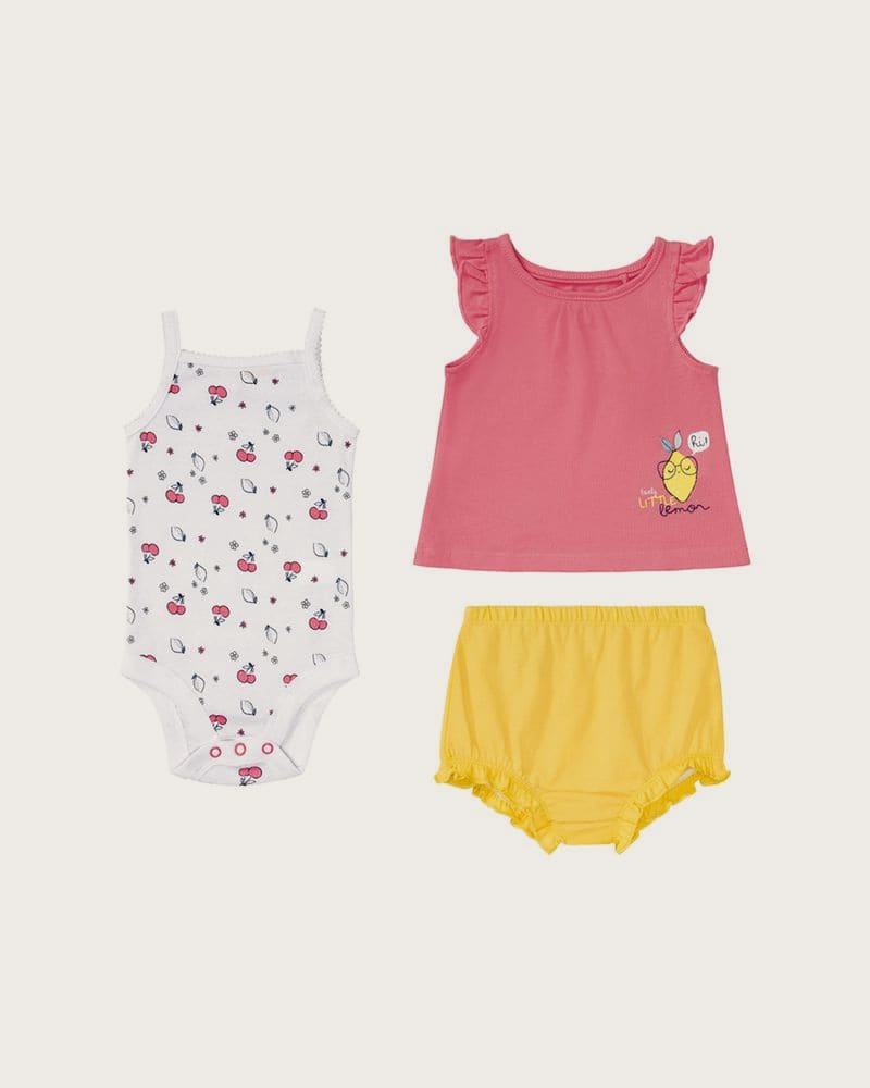 LUPILU® Detský set Sommerset, 3-dielny, z čistej biobavlny. (ružová/biela/žltá, 62/68)