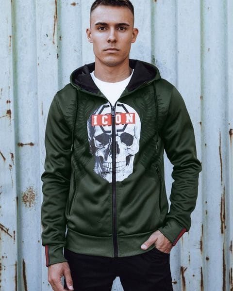 Originálna zelená mikina s potlačou ICON na zips