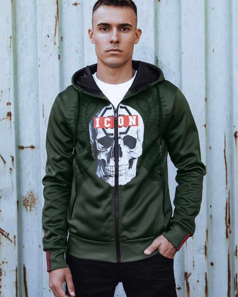 Originálna zelená mikina s potlačou ICON na zips