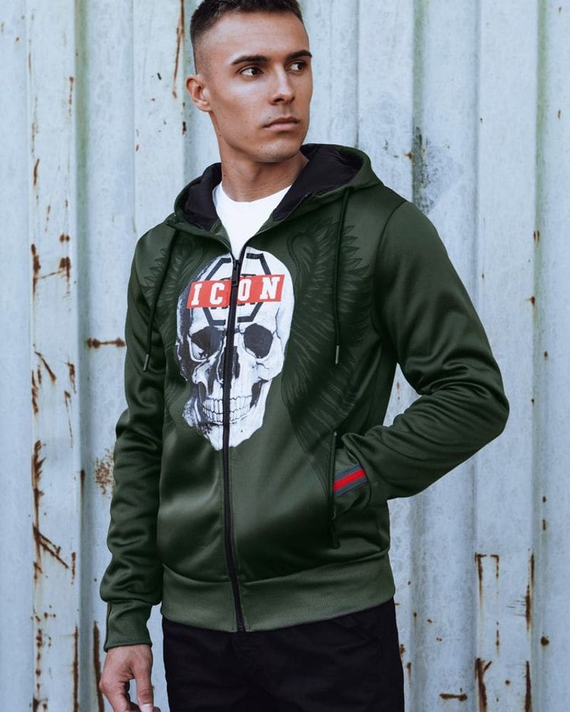 Originálna zelená mikina s potlačou ICON na zips – fotka 3