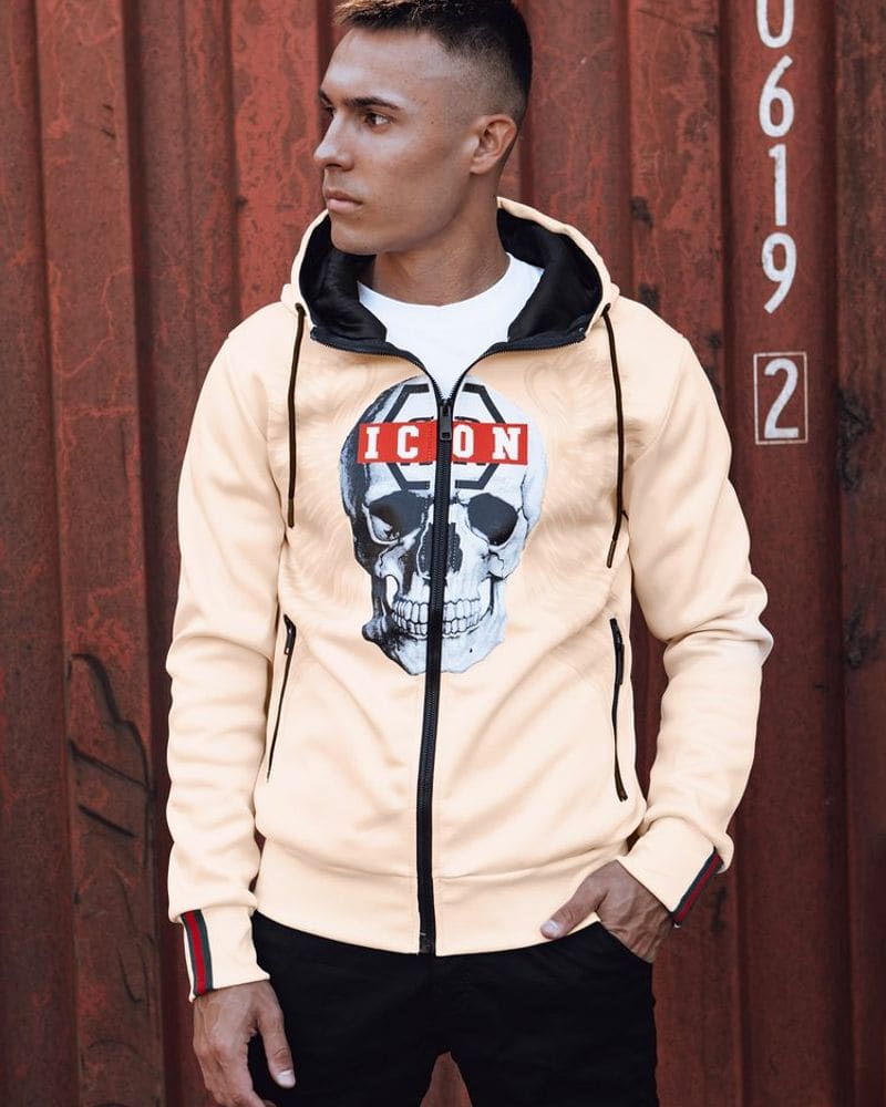 Originálna béžová mikina s potlačou ICON na zips – fotka 5
