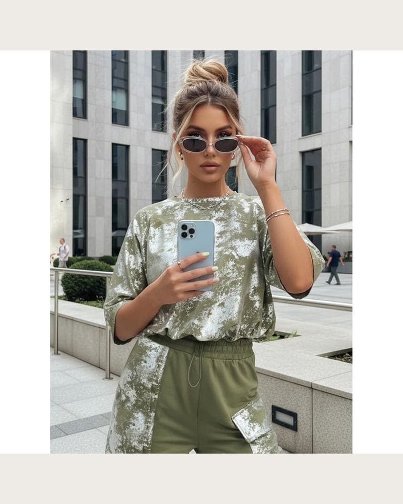 Khaki dámska súprava s motívom tie dye – fotka 2