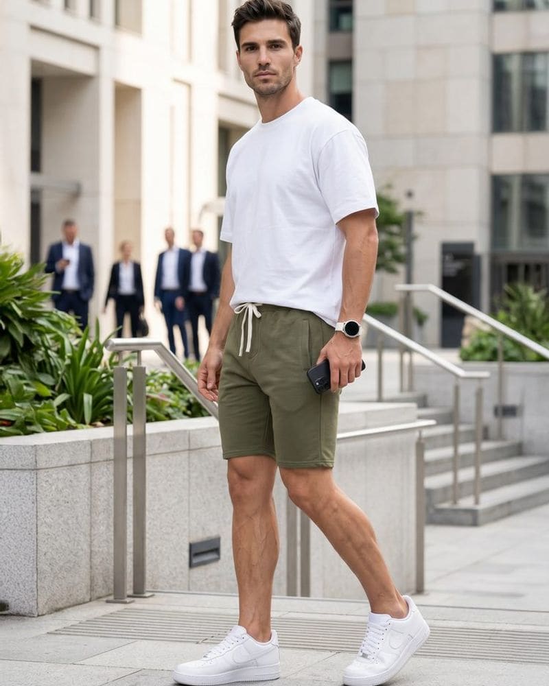 Basic pánske khaki teplákové kraťasy – fotka 3