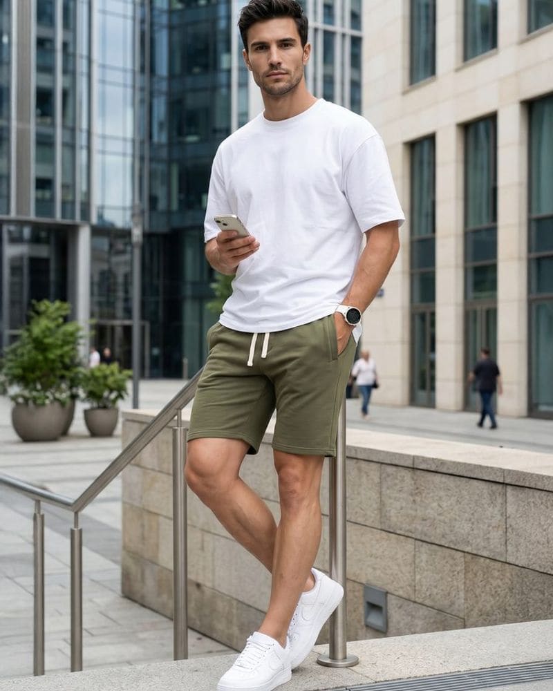 Basic pánske khaki teplákové kraťasy – fotka 4