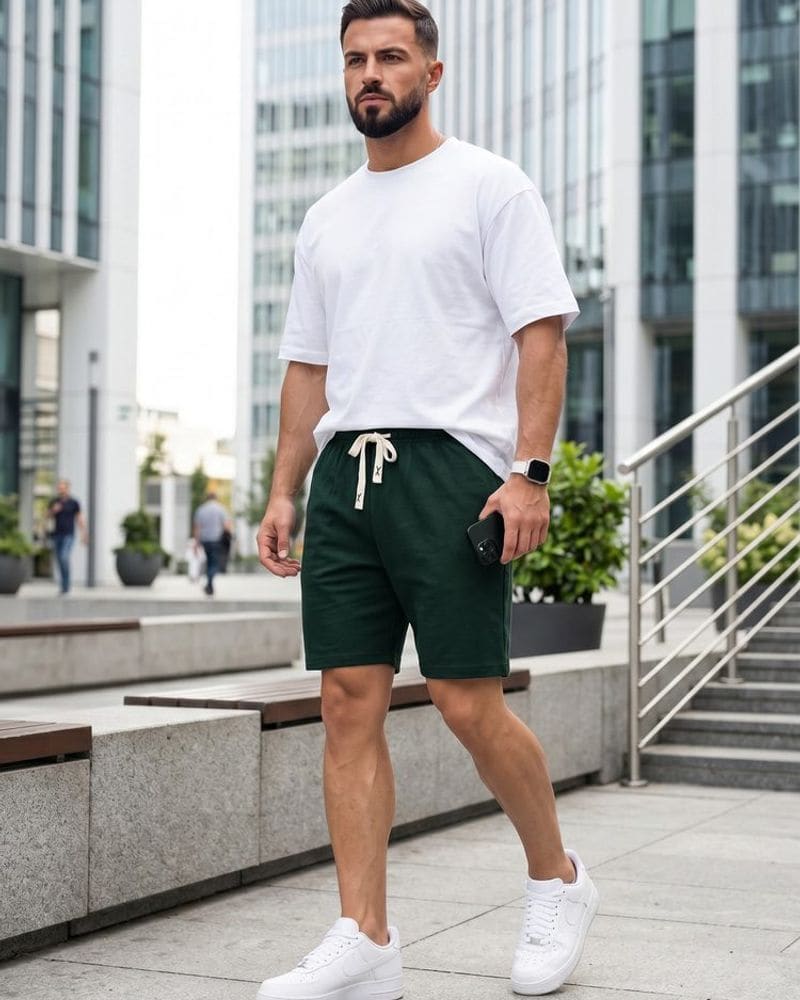 Moderné tmavozelené teplákové kraťasy – fotka 3