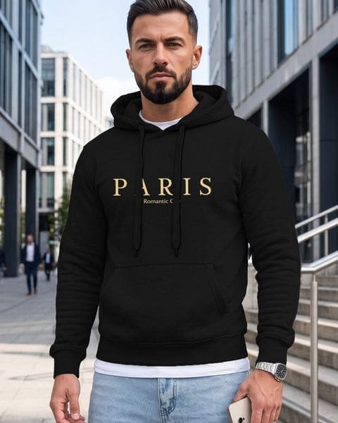 Čierna mikina s kapucňou a s nápisom mesta Paris