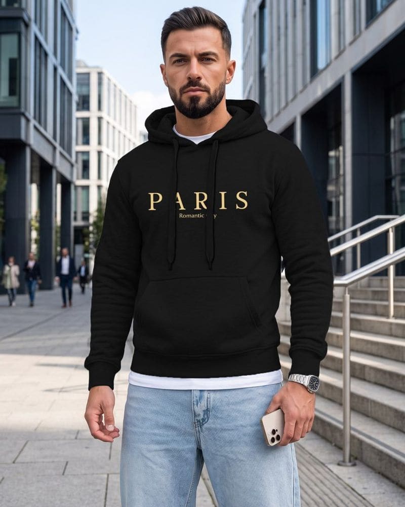 Čierna mikina s kapucňou a s nápisom mesta Paris – fotka 2