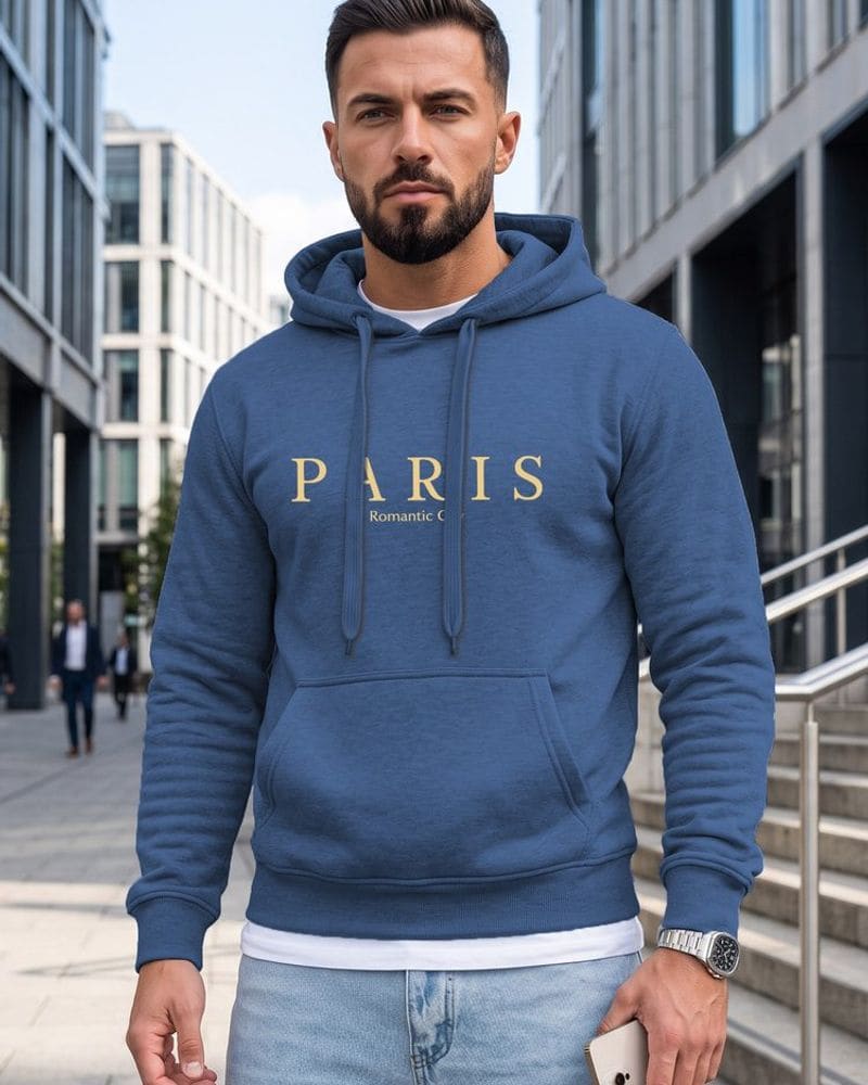 Modrá mikina s kapucňou a s nápisom mesta Paris