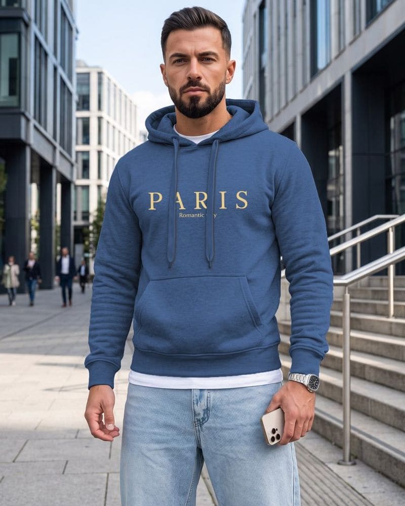Modrá mikina s kapucňou a s nápisom mesta Paris – fotka 2