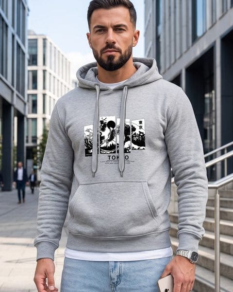 Šedá mikina s kapucňou s potlačou Tokyo
