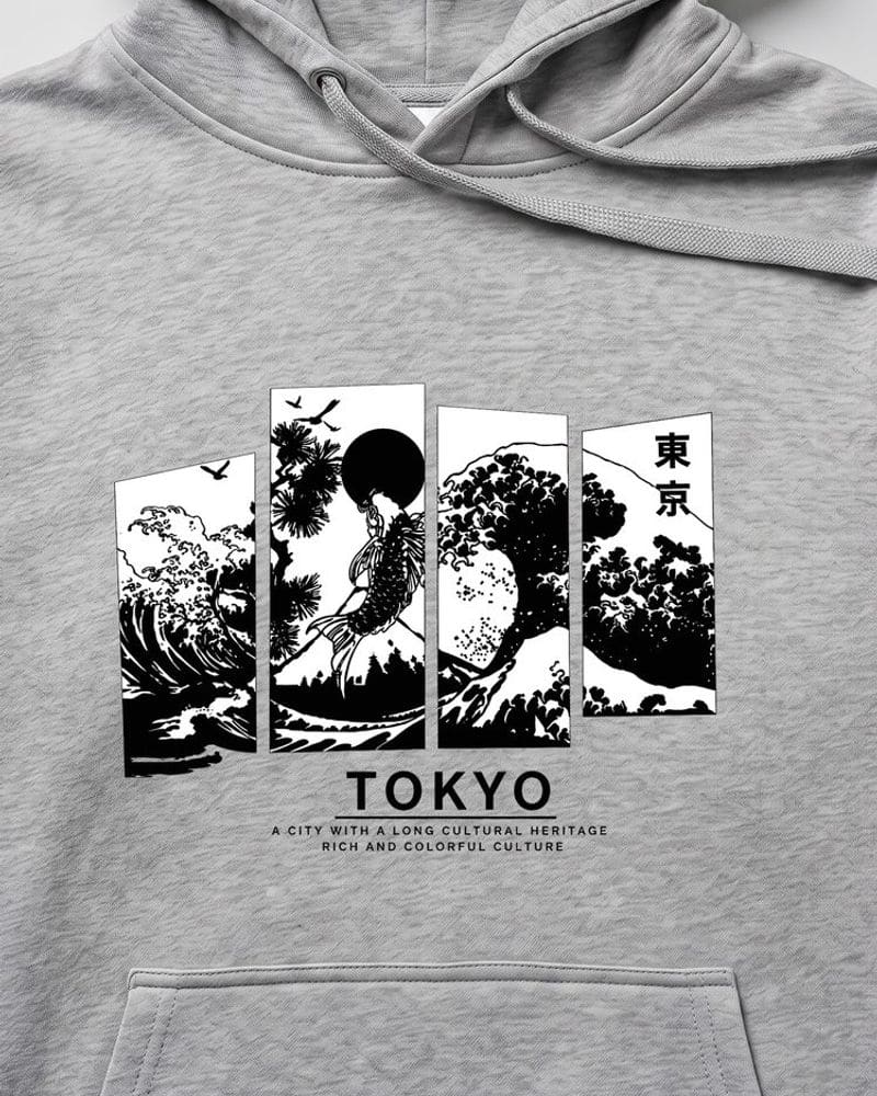 Šedá mikina s kapucňou s potlačou Tokyo – fotka 3