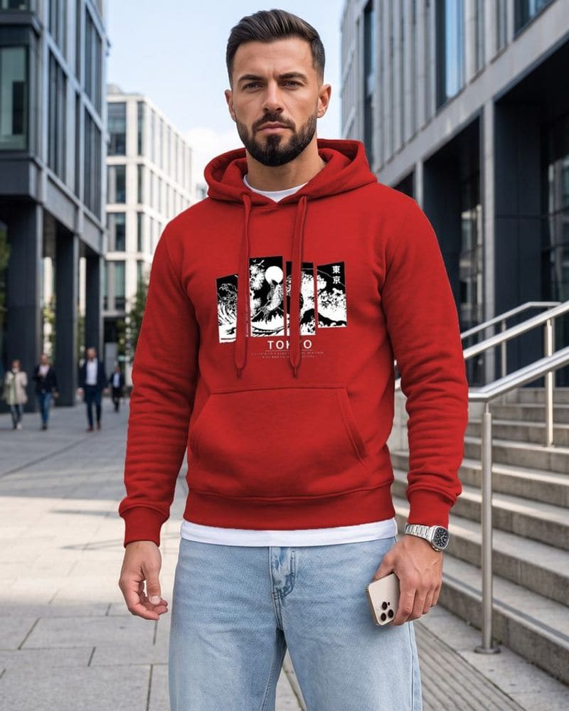 Červená mikina s kapucňou s potlačou Tokyo – fotka 2
