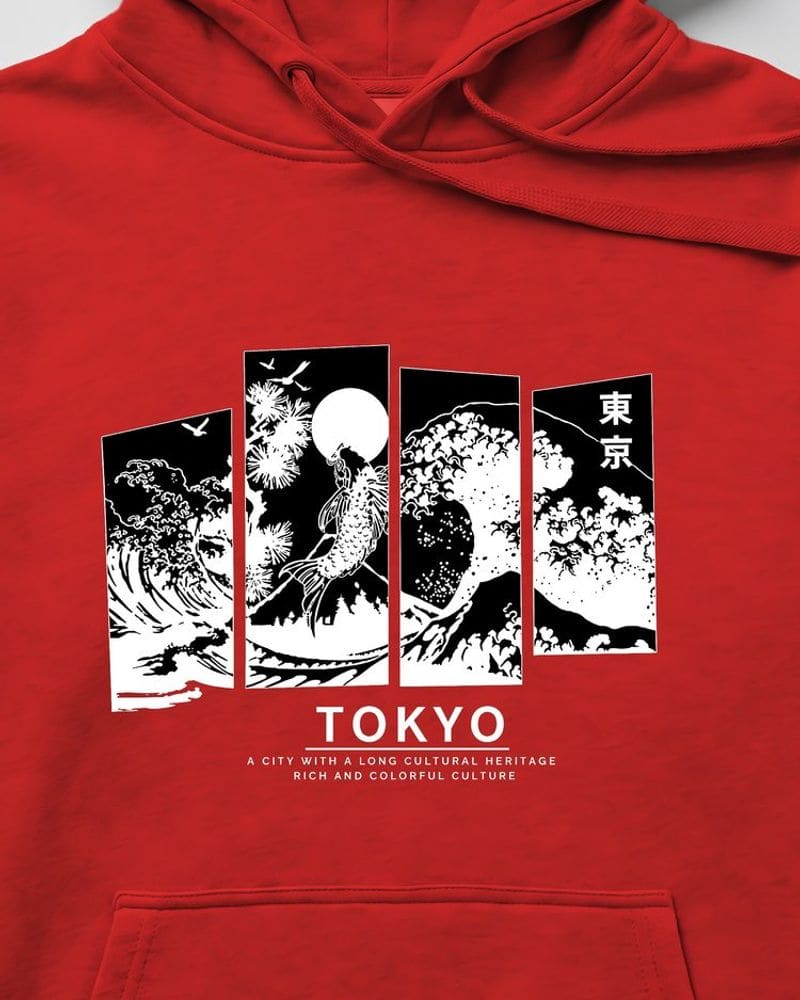 Červená mikina s kapucňou s potlačou Tokyo – fotka 3