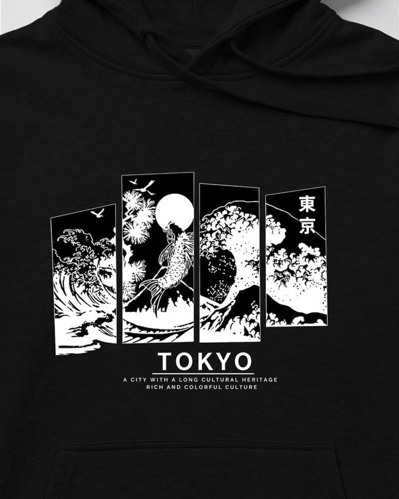 Čierna mikina s kapucňou s potlačou Tokyo – fotka 3