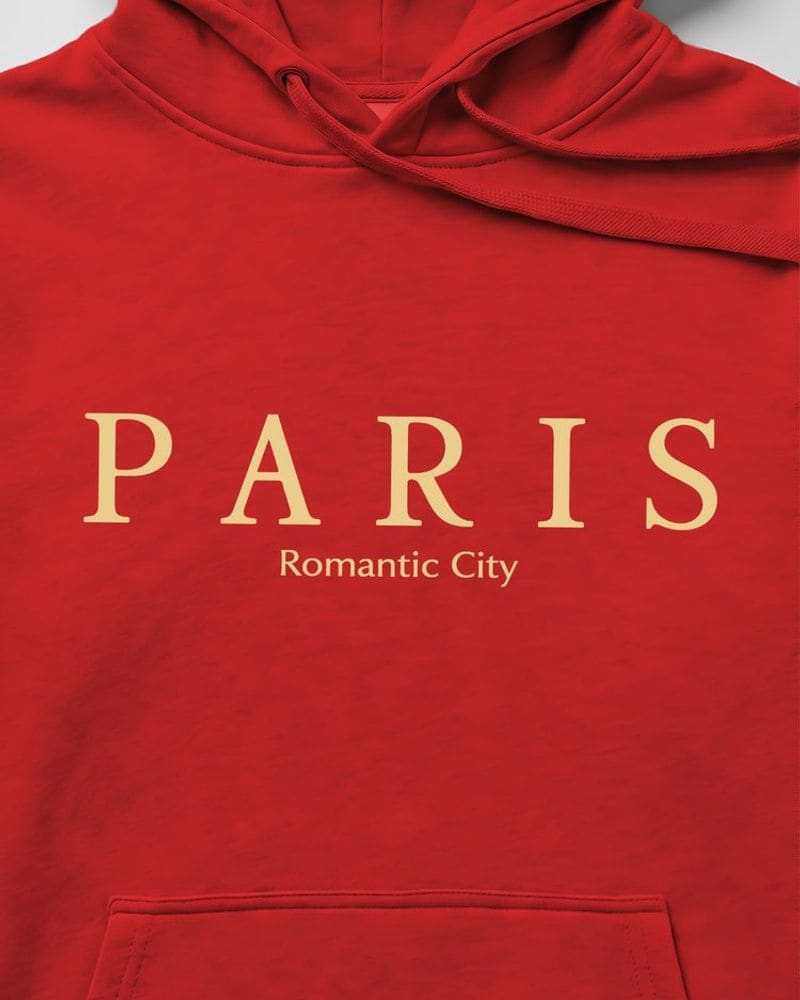 Červená mikina s kapucňou a s nápisom mesta Paris – fotka 4