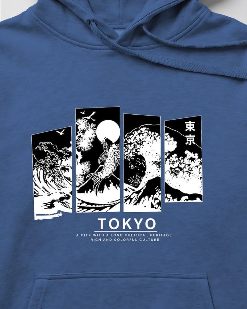 Modrá mikina s kapucňou s potlačou Tokyo – fotka 3
