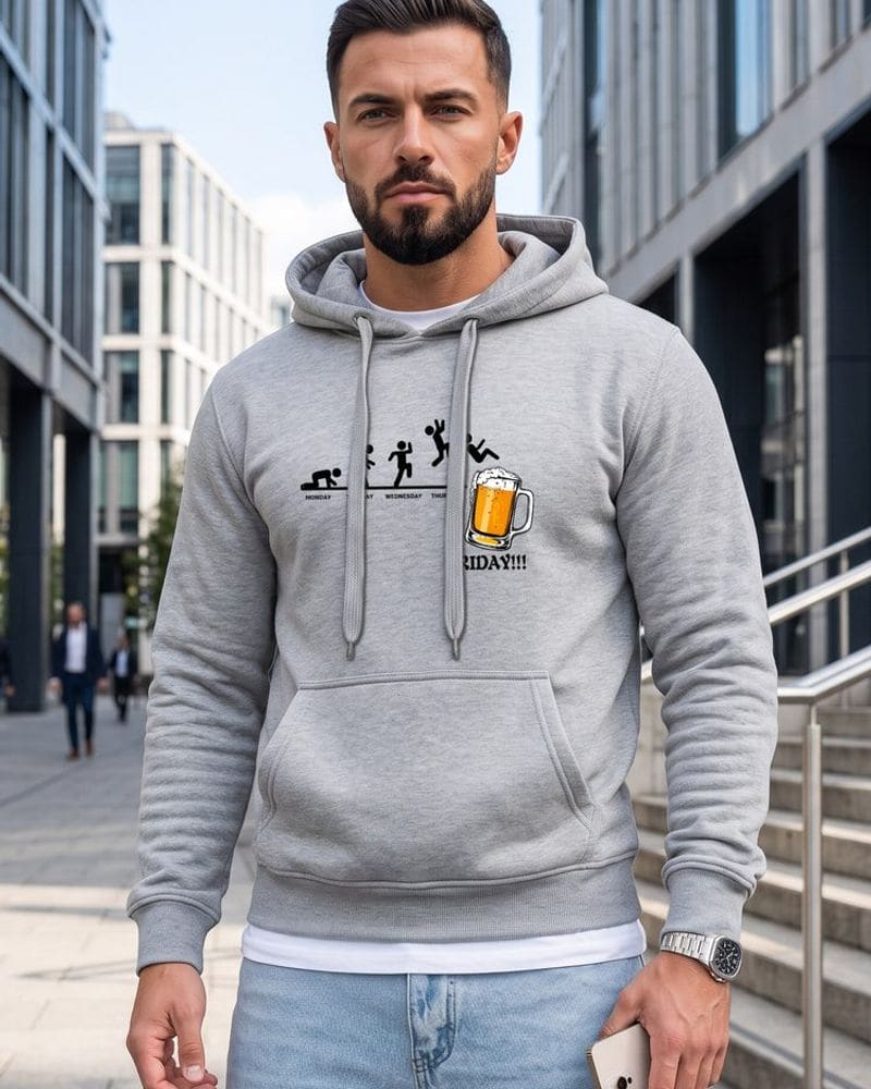 Trendy šedá mikina s potlačou a s kapucňou